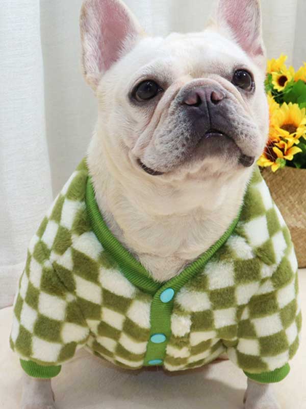 GMTPET Green and white checkerboard fat dog bulldog pug dog French fighting winter clothes plus velvet thick cardigan plush sweater 107-222039 www.gmtshop.com