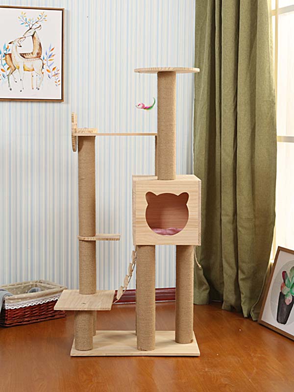 Wholesale cat climbing tower pine hemp rope column ladder cat house