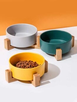 Tigela de cerâmica para gatos e animais de estimação por atacado de fábrica Tigelas de comida com suporte de bambu 123-12003 www.gmtshop.com