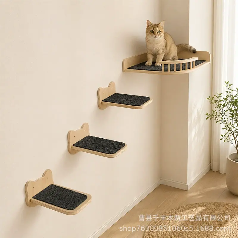 Wholesale Custom Wall-Mounted Solid Wood Cat Tree, 3-Tier Cat Wall Shelf with Condo & Jump Platforms, Space-Saving Indoor Cat Furniture - Image 2