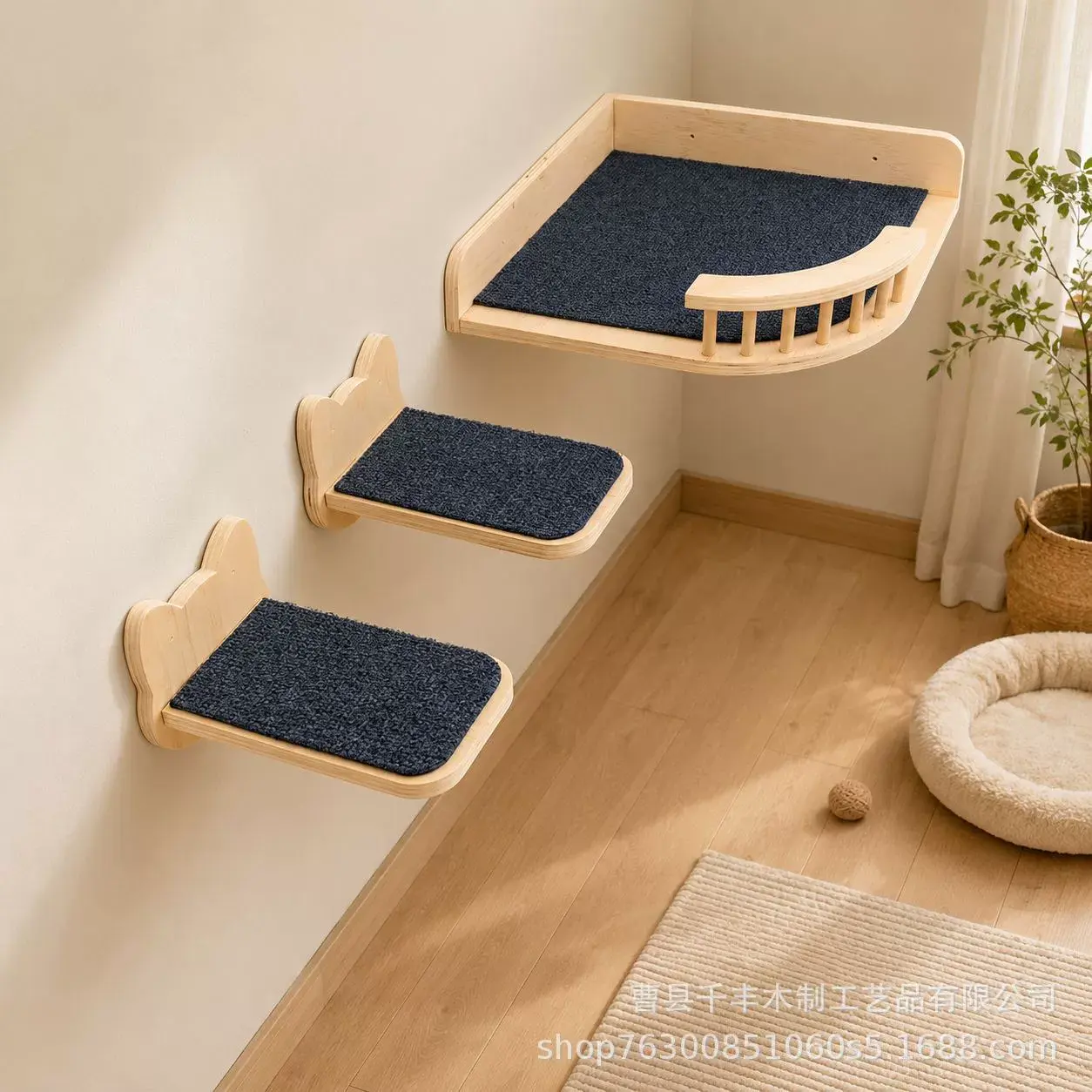 Wholesale Custom Wall-Mounted Solid Wood Cat Tree, 3-Tier Cat Wall Shelf with Condo & Jump Platforms, Space-Saving Indoor Cat Furniture - Image 4