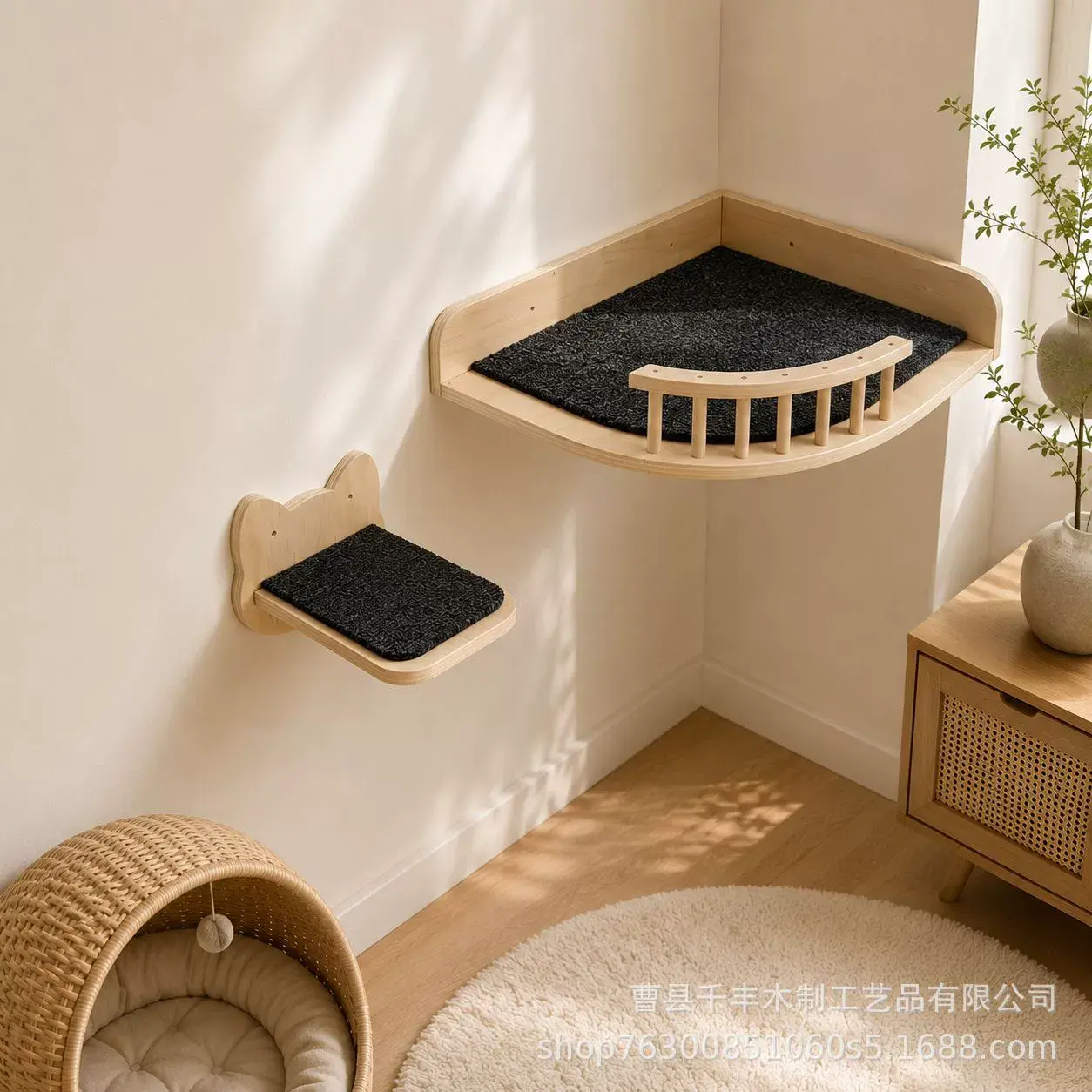 Wholesale Custom Wall-Mounted Solid Wood Cat Tree, 3-Tier Cat Wall Shelf with Condo & Jump Platforms, Space-Saving Indoor Cat Furniture - Image 3